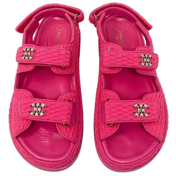 Chanel Pink Knit Dad Sandals with Crystal CC Logo | Size 39 - Picture 1 of 11